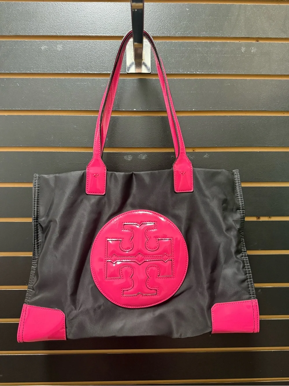 Tory Burch Ella Nylon Tote Black Hot Pink Patent Leather Large Bag